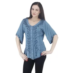 BLUE RENAISSANCE EMBROIDERED HALF SLEEVE BLOUSE by AUGLLE STORE INC