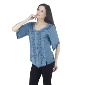 BLUE RENAISSANCE EMBROIDERED HALF SLEEVE BLOUSE - Image 2