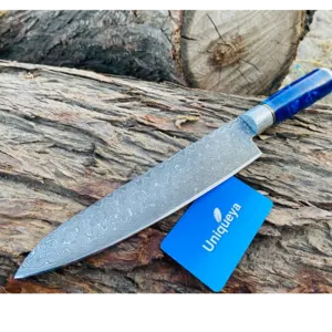 Damascus Steel Kitchen Chef Knife With Resin Handle and Leather Sheath - Image 2