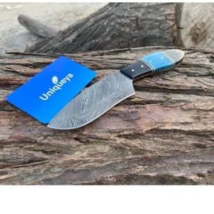 damascus steel hunting skinner knife with leather sheath