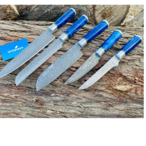 Damascus Steel Chef Set with Blue Resin and Leather Sheath by Uniqueya Artifacts