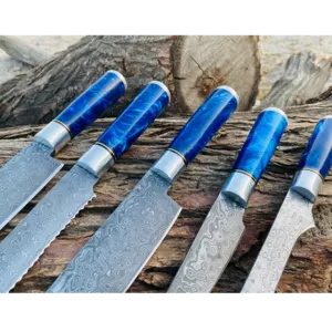 Damascus Steel Chef Set with Blue Resin and Leather Sheath - Image 2