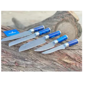 Damascus Steel Chef Set with Blue Resin and Leather Sheath - Image 3