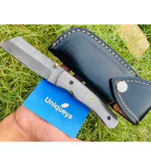 Damascus Steel Folding Pocket Knife with Leather Sheath