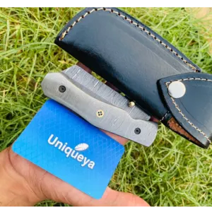 Damascus Steel Folding Pocket Knife with Leather Sheath - Image 2