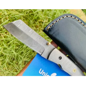 Damascus Steel Folding Pocket Knife with Leather Sheath - Image 3
