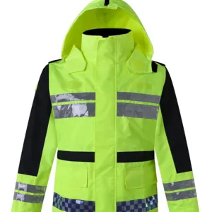 Hi Vis Construction Waterproof Adjustable Hood Jacket Bottom Safety Jacket