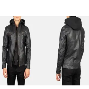 Hector Black Hooded Leather Biker Jacket by Tirmazii Bros International Wears