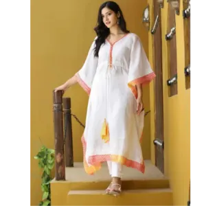 Fabric rayon white kaftan with pant and with cottan red white less and dori - Image 3