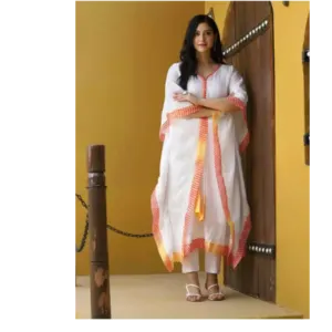 Fabric rayon white kaftan with pant and with cottan red white less and dori - Image 7