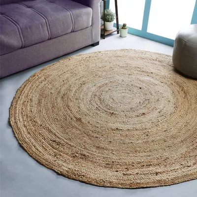Hand Woven Round Area Jute Jali Rug Carpet by Qoptum Private Limited