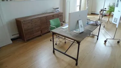 Office Walnut Table, Glass, Iron