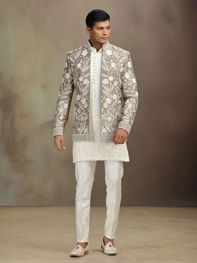 Silk Off White Kurta With Yellow White Jacket by Aditya Consultant
