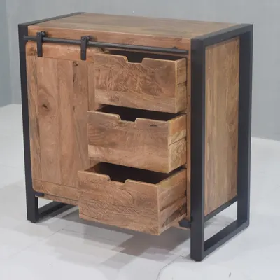 solid mango wood industrial-style cabinet sliding barn door and three spacious drawer by India Buying Inc.
