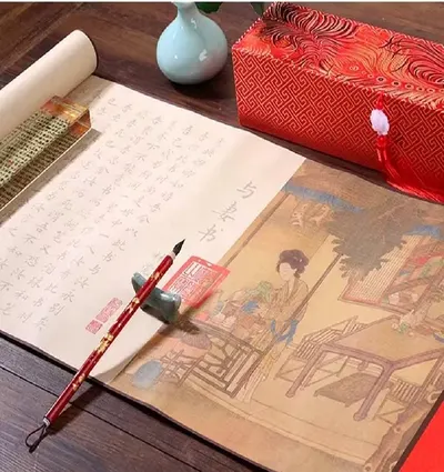 Xuan Paper Hand Scroll Tracing Copying Chinese Calligraphy of Accompany with Wife Song Brocade Box Set - Image 3