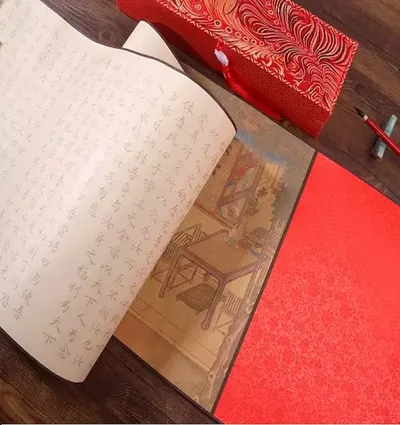 Xuan Paper Hand Scroll Tracing Copying Chinese Calligraphy of Accompany with Wife Song Brocade Box Set - Image 4