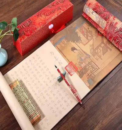 Xuan Paper Hand Scroll Tracing Copying Chinese Calligraphy of Accompany with Wife Song Brocade Box Set - Image 5
