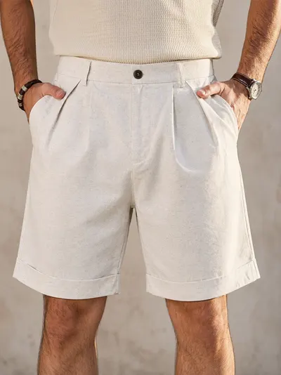 Cotton Linen Pleated Beach Shorts by Ambrose