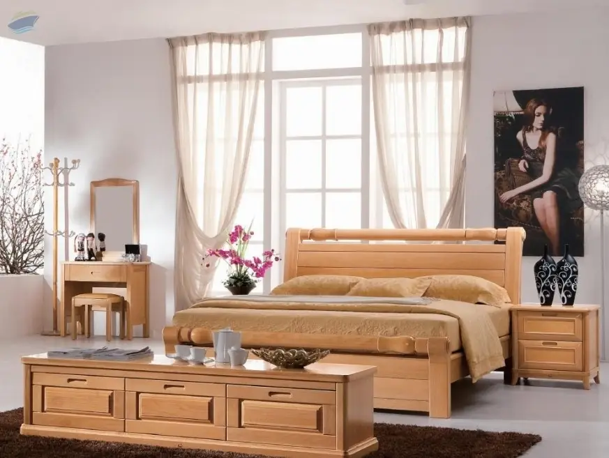 Furniture Solid Wood Bedroom Set Bed Bedside