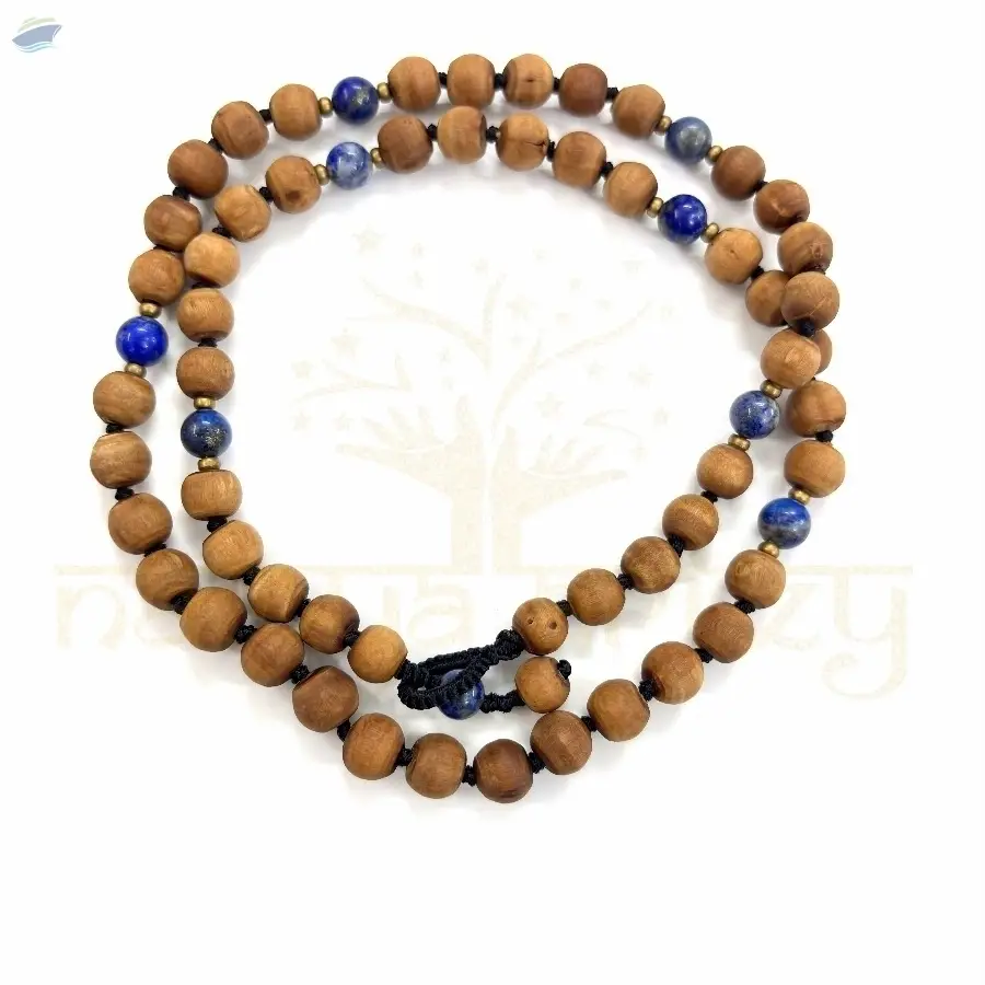 Tulsi Wood 54 Beads  Lapis Lazuli Brass Mala
