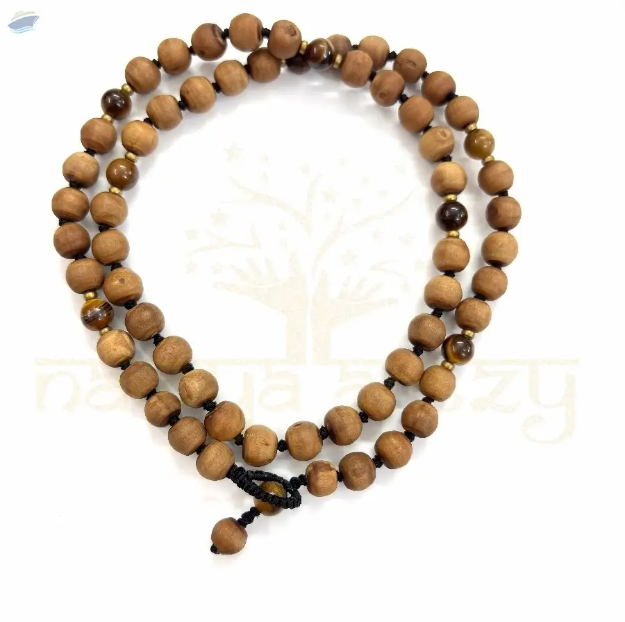 Tulsi Wood 54  Beads Tiger Eye & Brass Mala