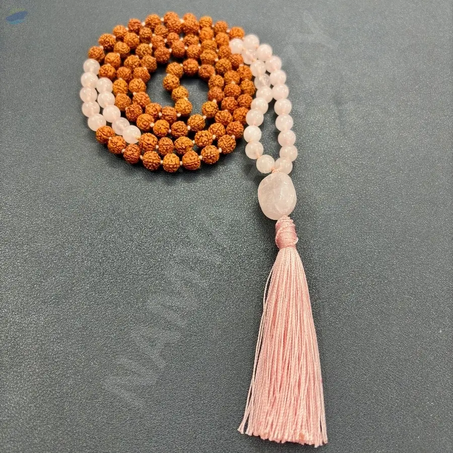 Rudraksha Beads Necklace  8mm Rose Quartz