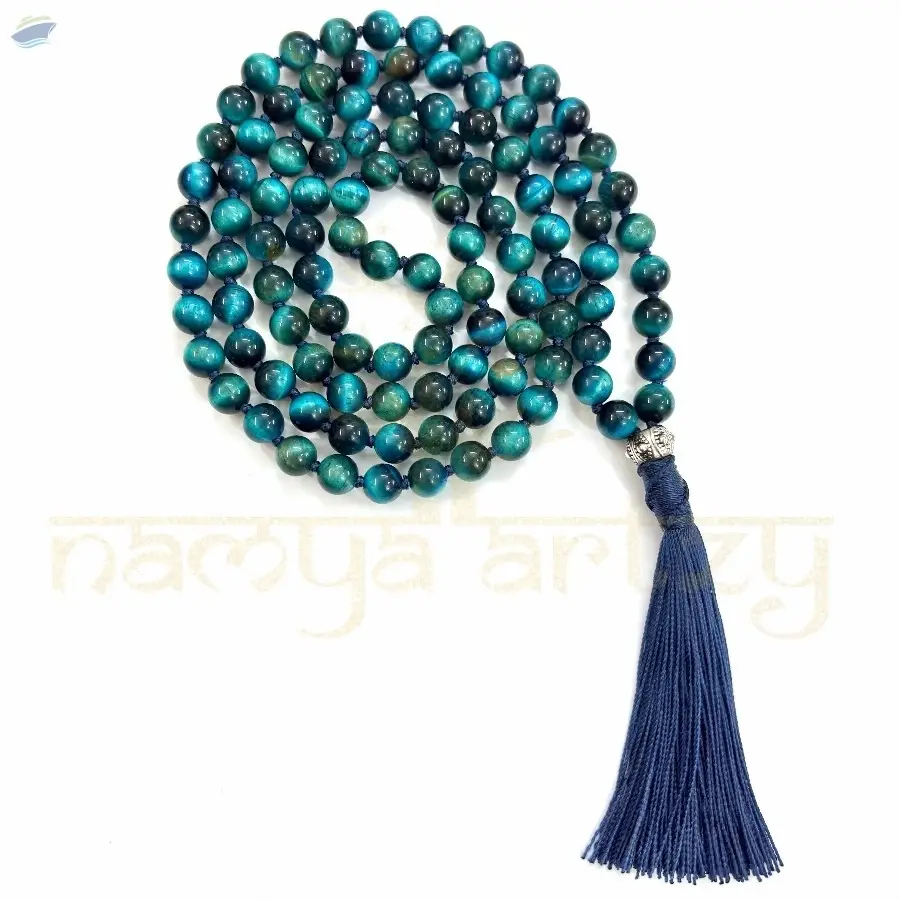 Blue Tiger Eye  Knotted Mala Necklace 108 Beads