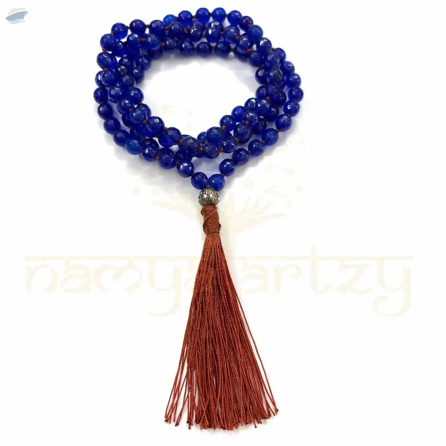 Faceted Dark Blue Onyx  Knotted Mala 108 Beads